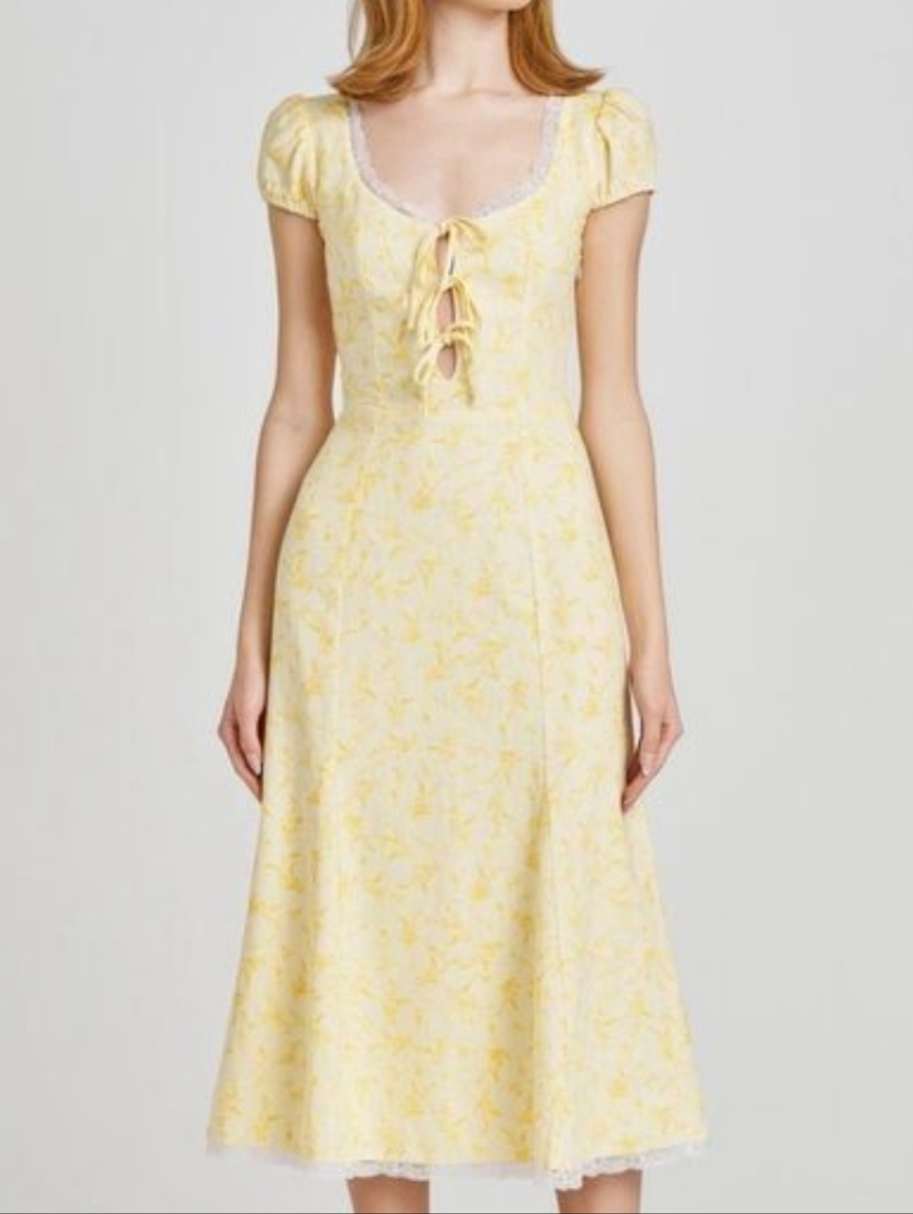 Wayf Pale Yellow Floral Tie-Front Midi Dress